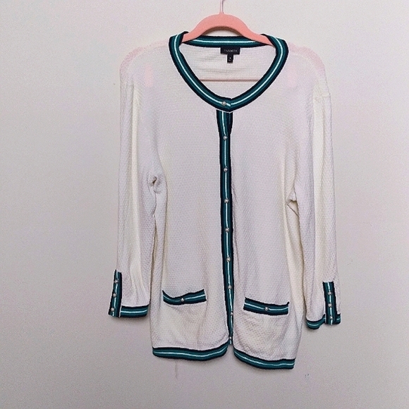 Talbots Striped Cream and Green Faux Pearl Button Up Cardigan Sweater Medium - Picture 1 of 8